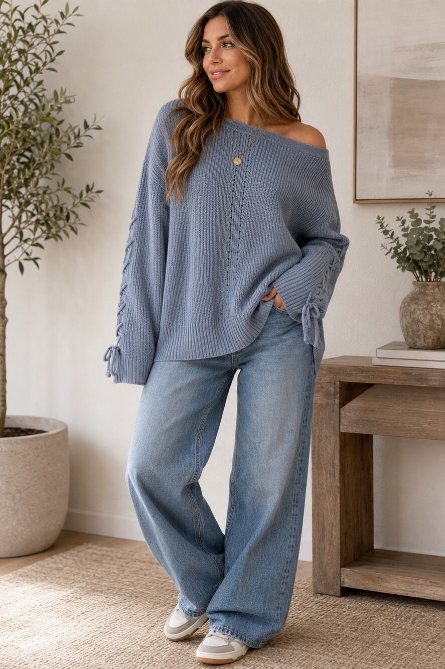 Ivanka Trump Oversized Lace Up Sleeve Knit Sweater Blue Gray Medium